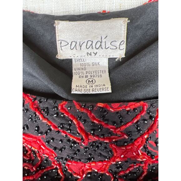 Vintage Paradise NY Size Medium Silk Beaded Formal Top Drape Neck Red Roses - Picture 3 of 10